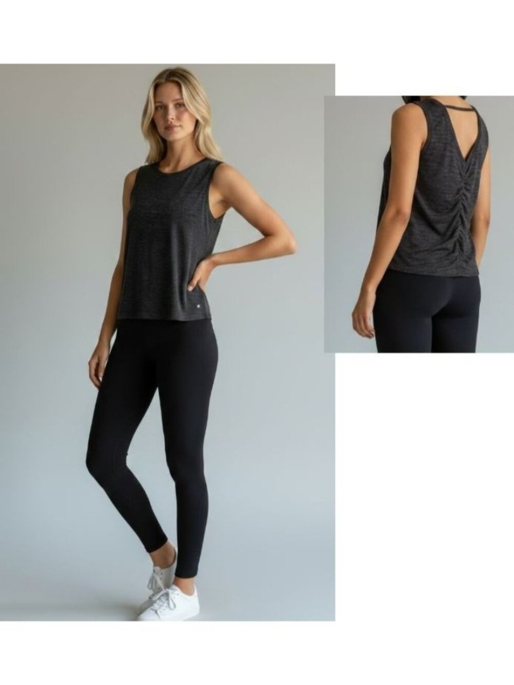 Kyodan Women’s Ruched V-backline Activewear Tank Top,Spacedye Charcoal, Sz. S